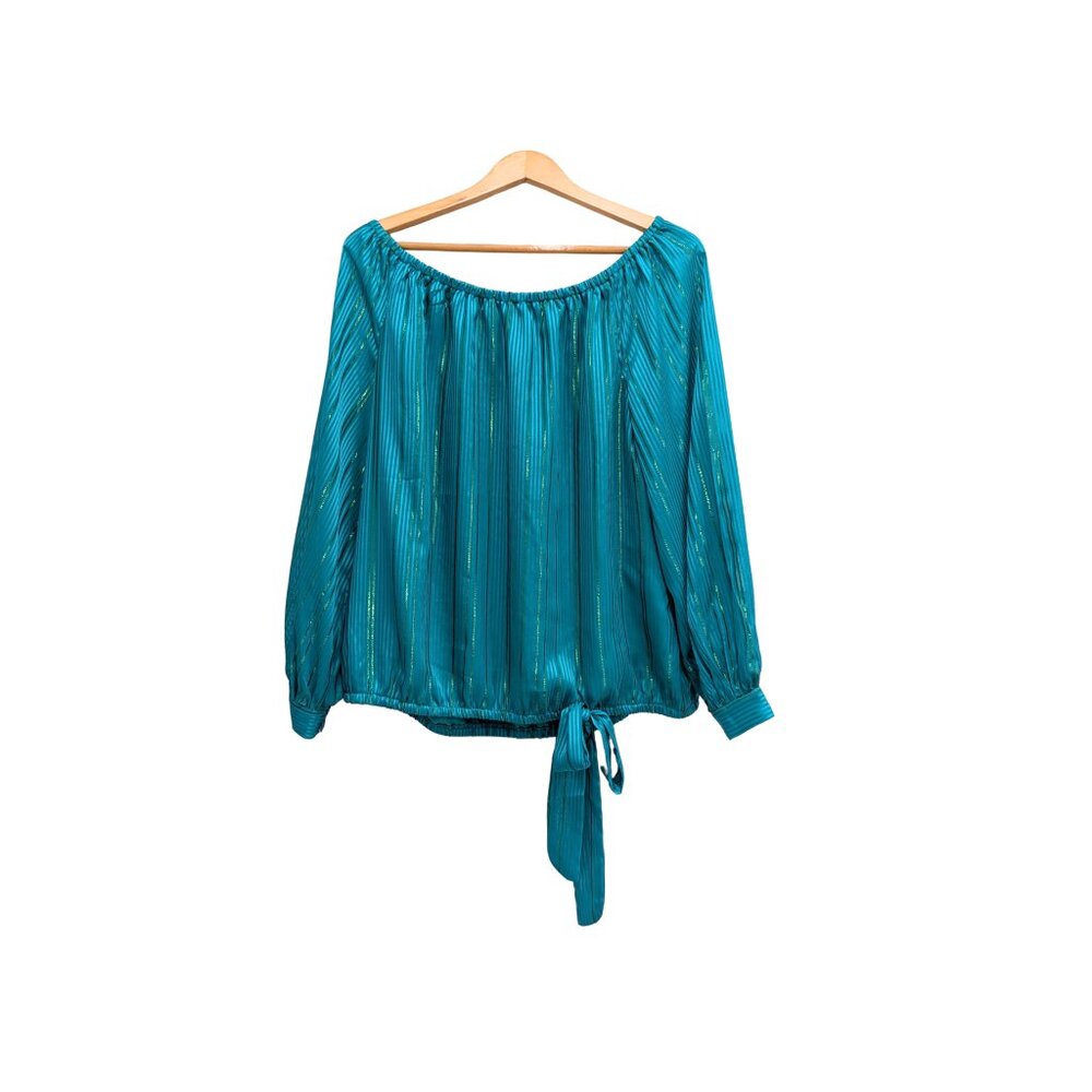 Vince Camuto Metallic Striped Off Shoulder Tie Hem Blouse XL Teal - Picture 2 of 8